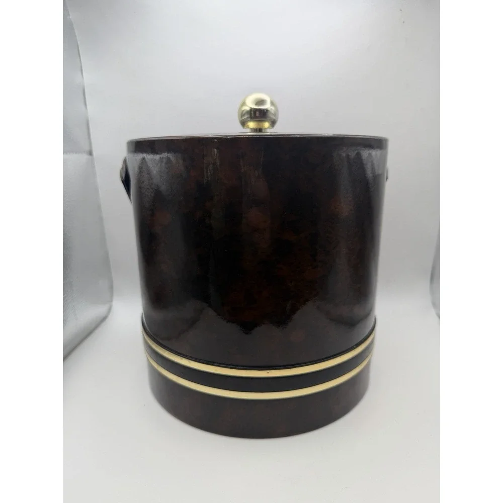Vintage Faux Burl Wood Ice Bucket Brass Tone MCM Barware Vinyl Woodgrain